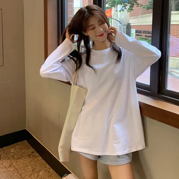 Tricouri Femei Maneca Lunga din Bumbac de Bază Teuri Supradimensionat BF Casual Simplu All-meci Topuri Fete Colorate coreean Trendy Chic Ulzzang