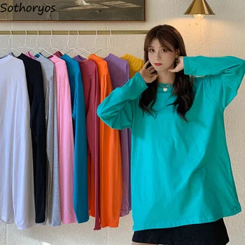 Tricouri Femei Maneca Lunga din Bumbac de Bază Teuri Supradimensionat BF Casual Simplu All-meci Topuri Fete Colorate coreean Trendy Chic Ulzzang