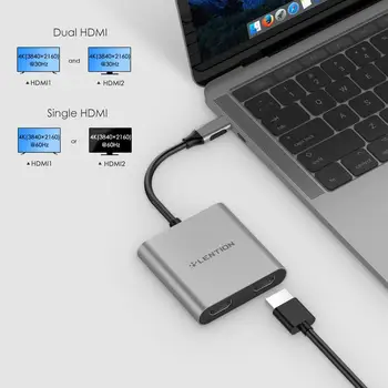 USB-C la 2 HDMI Dual 4K Display Digital AV Adaptor pentru 2020-2016 MacBook Pro, Mac Air/iPad Pro, Dell XPS 13/15,Suprafata Pro 7/Du-te