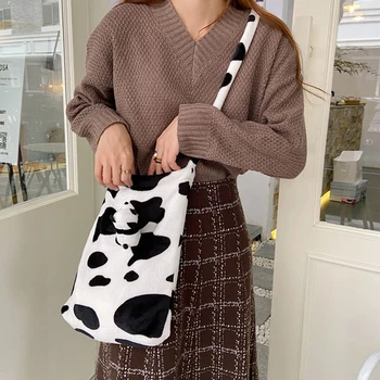 Vaca de Imprimare Flanel geanta femei Messenger Bag Lapte de Vacă Shouler Geanta femei Pluș Geantă de Umăr Geantă de mână de Desene animate Nu cu Fermoar Geanta Crossbody