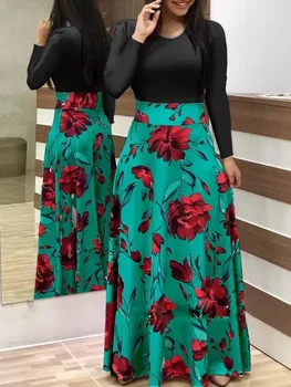 Vara 2019 Casual Femei, Rochii cu Maneci Lungi Florale Imprimate Patchwork Rochie Maxi Plus Dimensiune Lung Boho Rochie Vintage Femme S-5XL