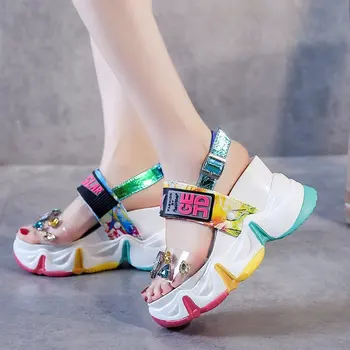 Vara Femei Sandale De Moda Diamant Wedge Sandal Stras Tocuri Curea Glezna Papuci De Casă Indesata Pantofi Platforma Femeie