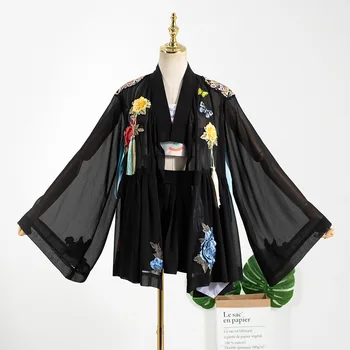 Vara Vintage Broderii Florale Două Bucata Set Femeile 2020 Boem Negru Șifon Top+pantaloni Scurți de înaltă Talie Set