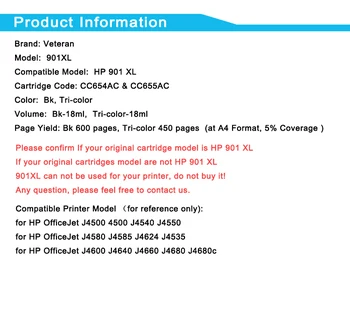 Veteran Reumplut 901XL Negru Cartuș de Cerneală Pentru HP901 Officejet 4500 J4580 J4550 J4540 J4680 J4524 F2493 F4583 Printer