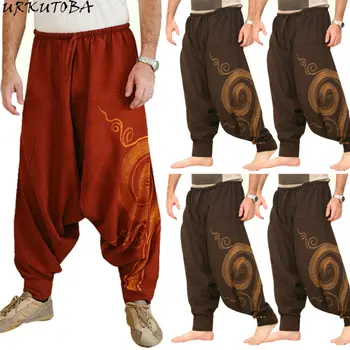 Vintage Barbati Pantaloni Harem Elastic Casual Largi Yoga Pantaloni Harem Hip-hop Bărbații Țigani Lenjerie de pat din Bumbac Largi picior Pantaloni Largi Cordon