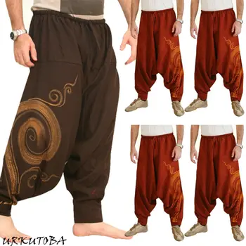 Vintage Barbati Pantaloni Harem Elastic Casual Largi Yoga Pantaloni Harem Hip-hop Bărbații Țigani Lenjerie de pat din Bumbac Largi picior Pantaloni Largi Cordon