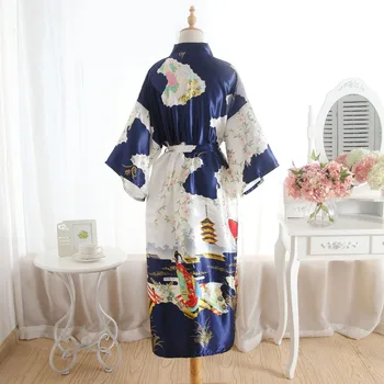 Vintage Bleumarin Femei Lungă de Satin Halat Kimono Rochie de domnisoara de Onoare la Nunta Sexy cămașă de noapte Noutate Imprimare Baie O Dimensiune Sleepwear