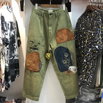 Vintage Patch KAPITAL Pantaloni de patch-uri gaura Streetwear Stil de Înaltă Calitate Supradimensionat Armata Verde Negru Pantaloni Hip-Hop KAPITAL