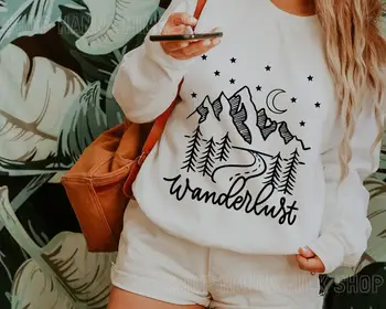 Wanderlust spune vacanță de Călătorie munți noapte camp road grafic tricou de bumbac tânăr hipster pulovere cadou tumblr sus M196