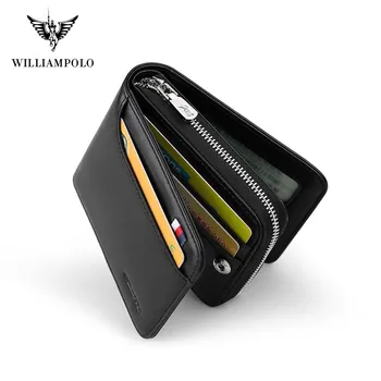 WilliamPolo fermoar portofel din piele de moda pentru bărbați multifunctional titularul cardului de afaceri pur de înaltă calitate din piele neagră bani de buzunar