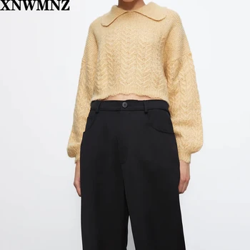 XNWMNZ Za moda femei Toamna amestec de lână Pulover Doamnelor Retro cu Guler pulover cu mâneci lungi tiv Asimetric jumper chic