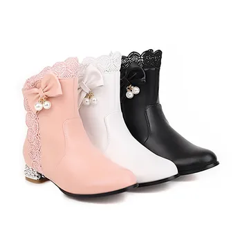 YQBTDL Alb Roz Cristal Negru Toc Scăzut Femeie Cizme Dantela Fluture nod Design Printesa Lolita Pantofi Botine de Iarna Glezna Cizme