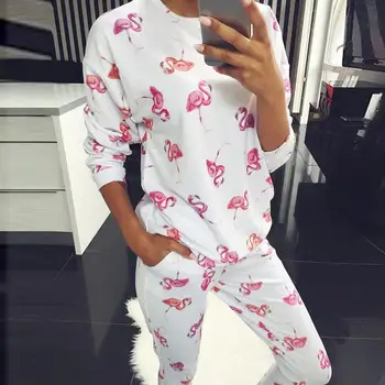 ZITY Complet Maneca Bumbac, Pijamale Femei de Imprimare de Flori Flamingo Pijama Seturi de Desene animate Pereche de Pijamale Pentru Femei Pijamale Pijama
