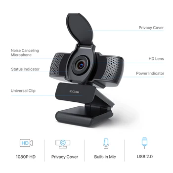 ZOSI 1080P camera web HD cu Microfon,cameră Web USB aparat de Fotografiat,de 360 de Grade de Rotație,Built-in de Reducere a Zgomotului,cu ecran Lat de Streaming Webcam