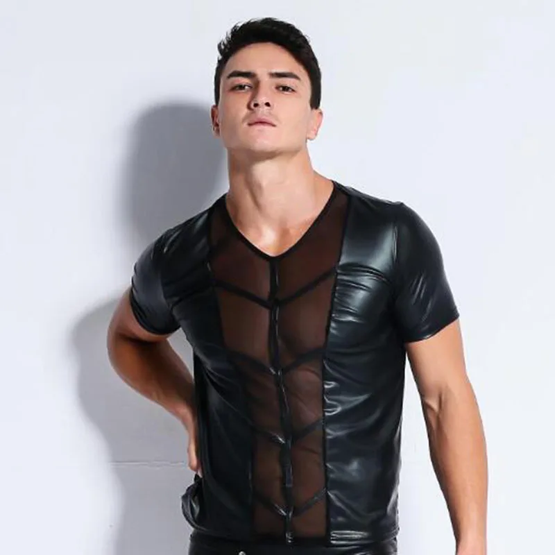 Pentru Latex bărbați faux din piele tricouri de sex Masculin moda negru, tricouri mulate Gay Amuzant corset dantelă ochiurilor de plasă pentru dans \ En-gros > Noulsite.ro